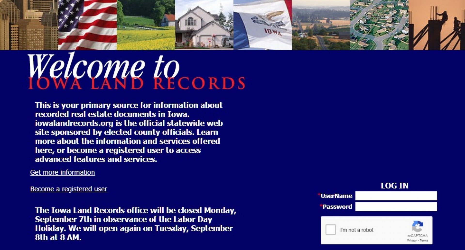Screenshot of the Iowa Land Records homepage.